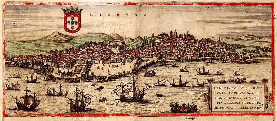 A wide 16th-century hand-colored engraving: a hillside city dense with red-roofed houses and church towers rises above a river harbor crowded with tall sailing ships, a coat of arms and 'LISBONA' label at top.