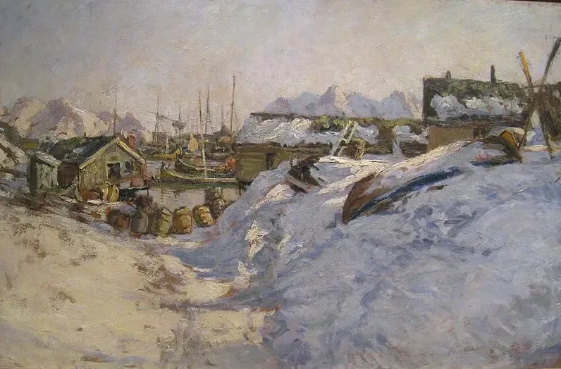 Gunnar Berg's Vinter i Lofoten — a snow-drifted fishing hamlet with barrels stacked by the boathouses, masts and snow-covered peaks beyond.