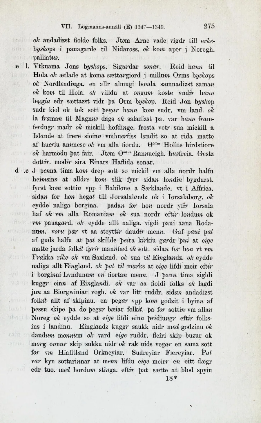 Printed page headed "VII. Lögmanns-annáll (E) 1347–1349," page 275 of Storm's 1888 edition, its long Old Norse entry tracking the great pestilence from Babylon through England to the cog that puts in at Bergen's Vågen.