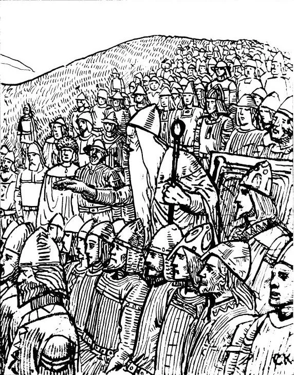 Christian Krohg's 1899 Heimskringla drawing of Torgny the Lawspeaker — the hooded lögmaðr standing with his staff above a sea of helmeted freemen at the Uppsala thing.
