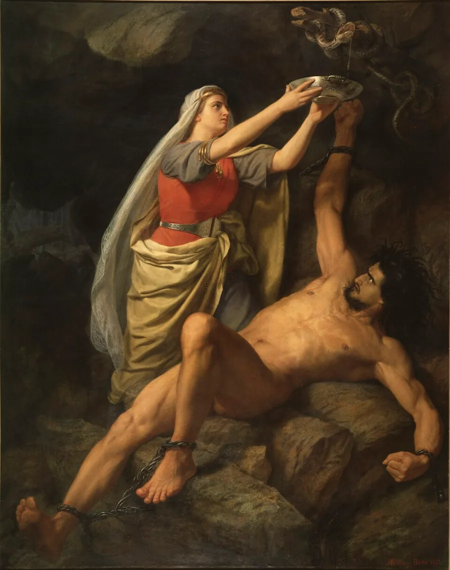 Winge's 1863 Loke och Sigyn — the bound Loki chained in the cave while Sigyn holds her bowl above him to catch the serpent's dripping venom.