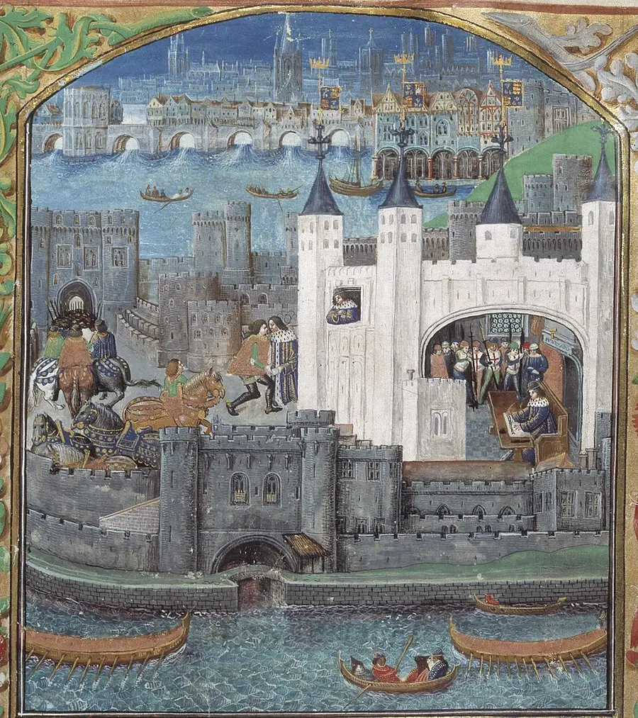 Illuminated manuscript miniature of medieval London from the river: the White Tower and walled Tower of London in the foreground, Old London Bridge crowded with buildings behind, a captive duke writing at a window.