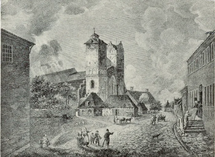 18th-century engraving of Lund Cathedral's Romanesque tower rising over a cobbled square, with small figures in period dress, a horse cart, and townhouses in the foreground.
