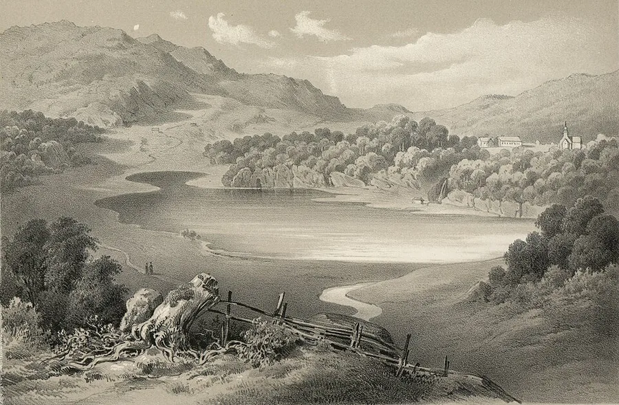 Joachim Frich’s 1848 lithograph of the Lysekloster valley near Bergen: a still lake ringed by wooded hills and mountains, with the white manor buildings and church of the old monastery estate on the far shore.