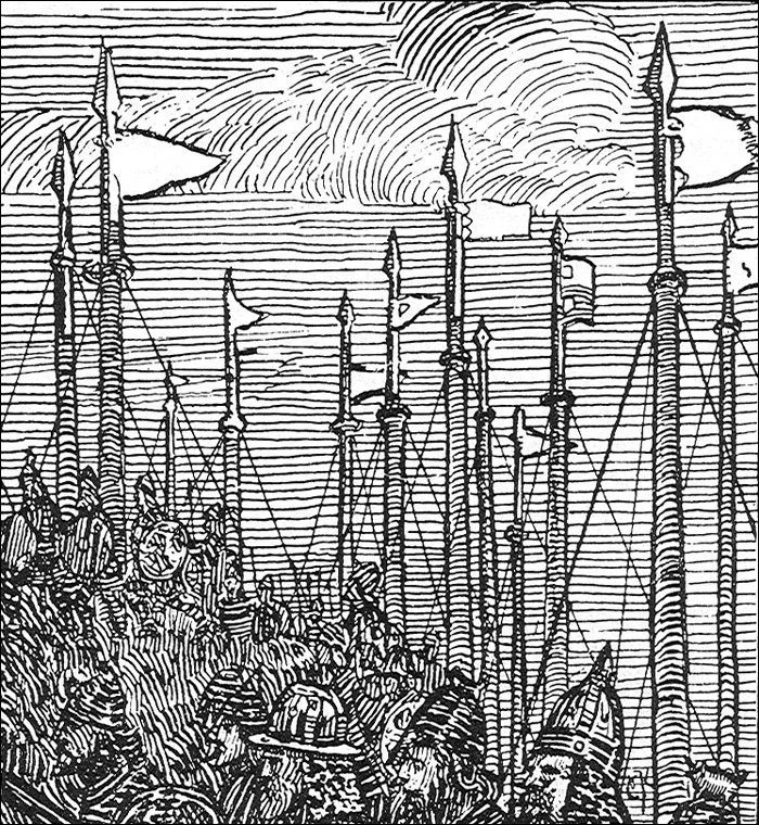 Black-and-white illustration of helmeted warriors wading ashore from longships at dawn, their spears and shields silhouetted against banked clouds over the water.