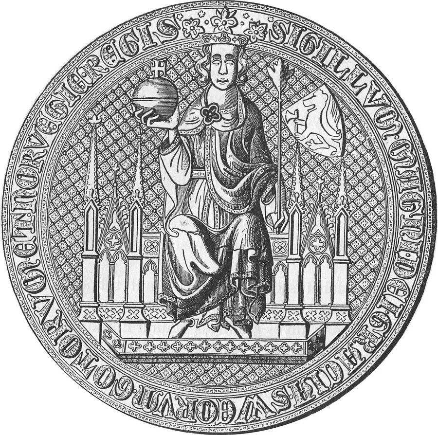 Engraving of a round wax seal: a crowned king enthroned holding an orb, a shield bearing a lion beside him, ringed by a fully legible Latin legend.