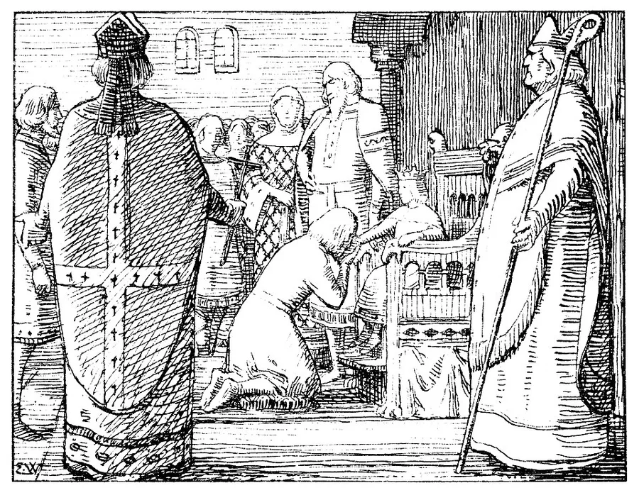 Werenskiold line drawing: a bishop in a cross-emblazoned cope stands with his back to the viewer as a kneeling nobleman kisses the hand of the small, crowned boy-king Magnus Erlingsson seated on an elevated throne, a second mitred bishop with a crozier looking on at right.
