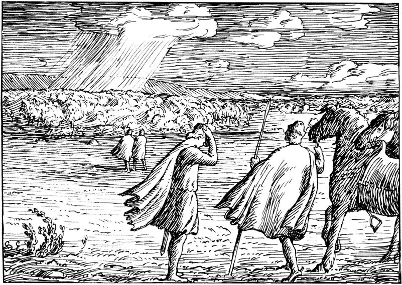 Egedius line drawing: two cloaked, back-turned figures pause on the open Stiklestad battlefield beneath a strange shaft of light in a clouded sky, one shielding his eyes, a led horse beside them and two distant figures at the water's edge nearby.