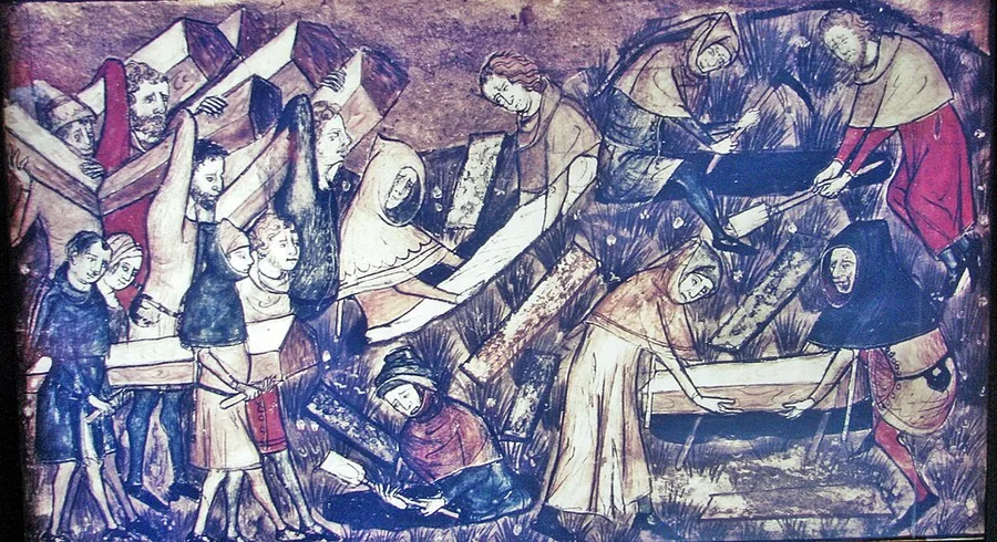 Medieval manuscript miniature: robed townspeople carry wooden coffins and lower shrouded bodies into open graves outside a medieval town during the Black Death — a solemn, dignified burial scene, not graphic or gory imagery.