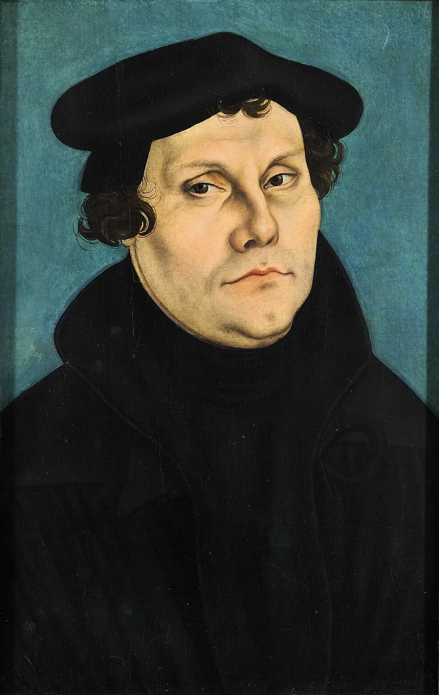 Half-length portrait of Martin Luther, clean-shaven with short curly brown hair, wearing a black beret and a flowing black robe closed to the neck, against a solid teal-blue background, in Cranach's spare studio style.