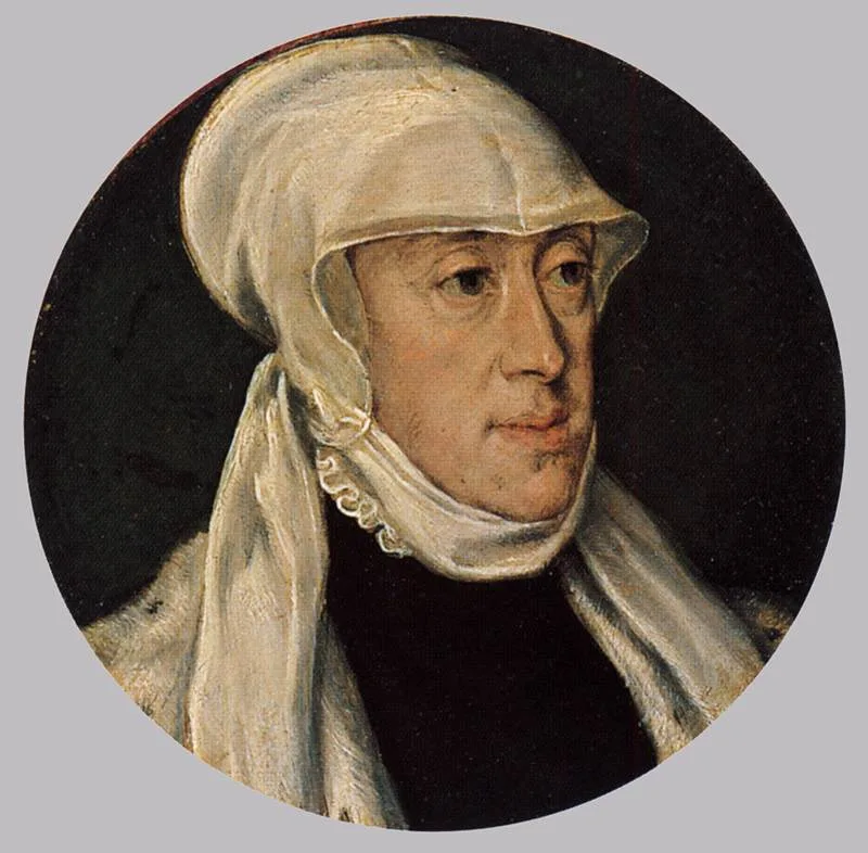 A circular oil portrait of an older woman in a white hood and wimple framing her face, a fur wrap over her shoulders and a black gown, set against a dark background.