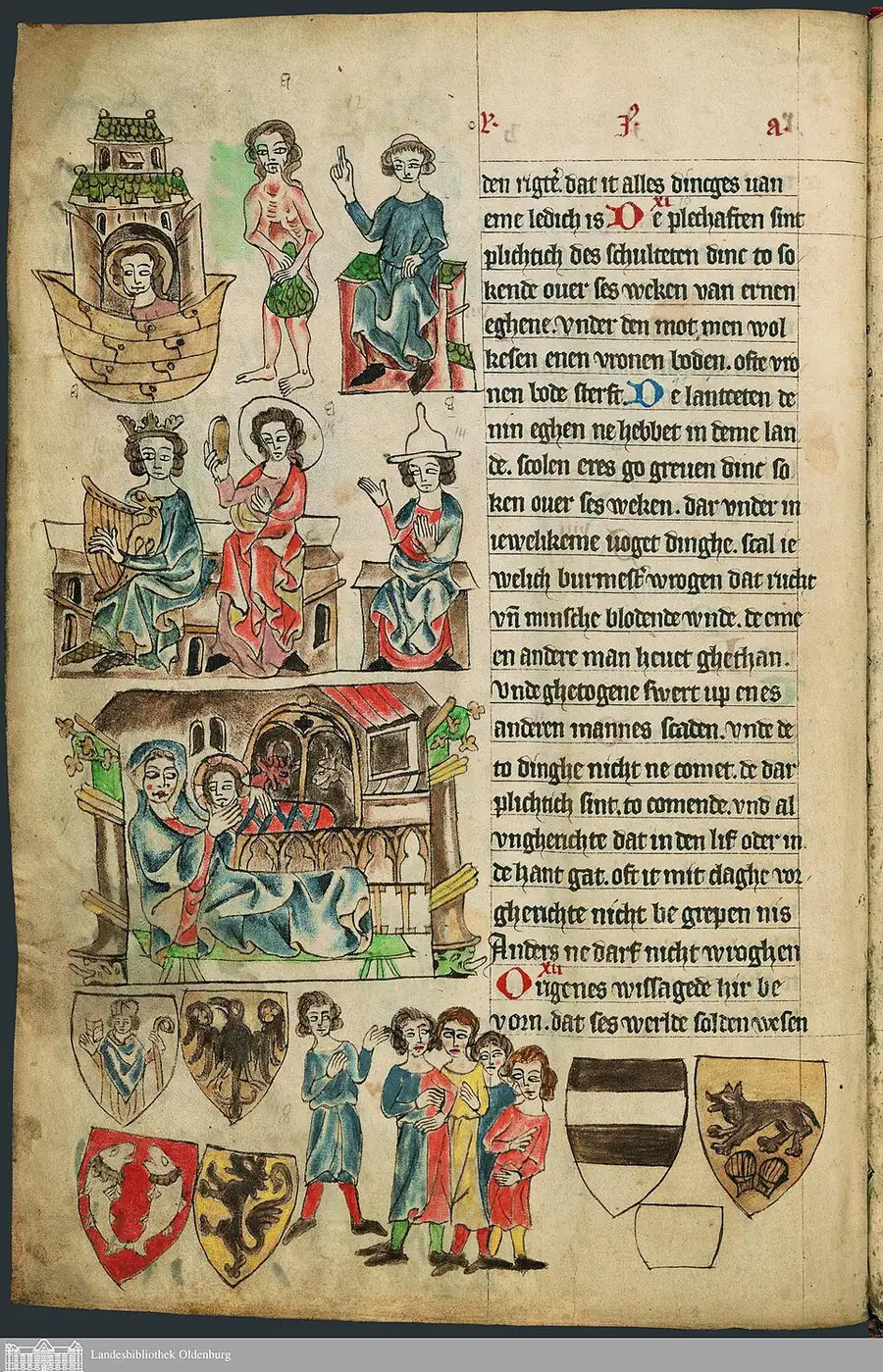 Page from the illuminated 1336 Oldenburg manuscript of the Sachsenspiegel, dense Middle Low German legal text in blackletter beside colored marginal illustrations of judges, witnesses, and heraldic shields.