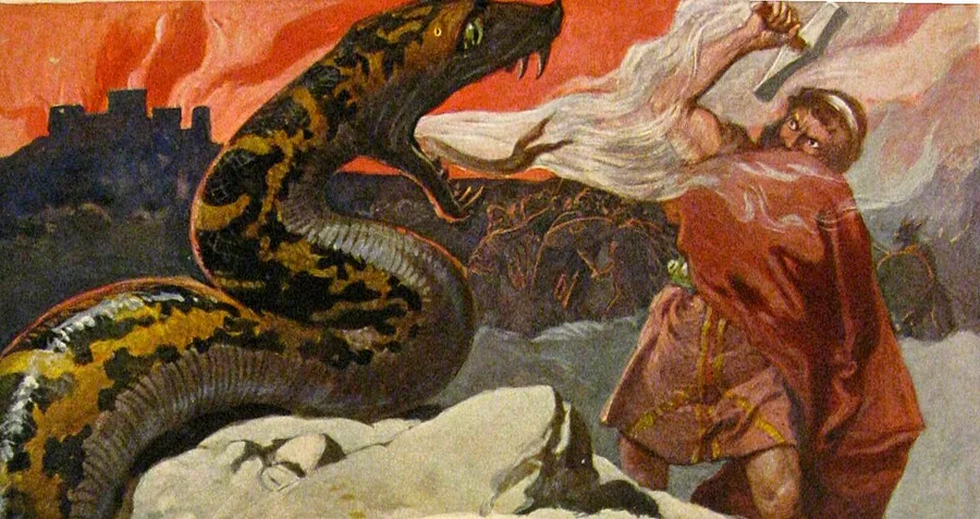 Emil Doepler's plate of Thor and the Midgard serpent (c. 1905) — the god, hammer raised, face to face with the rearing world-serpent under a burning sky.