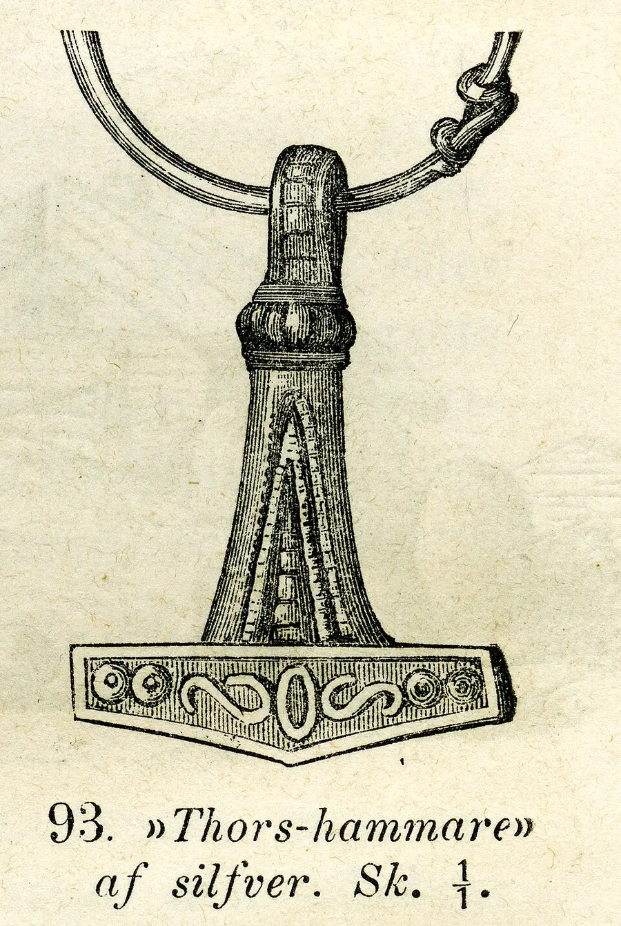 Oscar Montelius' 1873 engraving of the silver Thor's-hammer amulet from Skåne — the filigree-worked Mjölnir pendant with a raptor's head at its suspension loop.