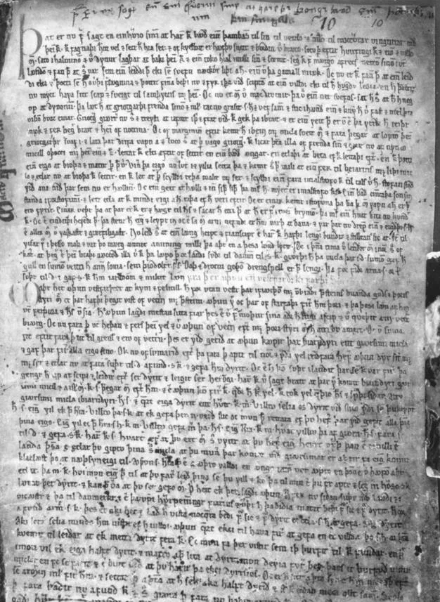 Photograph of a browned, worn vellum page of the Morkinskinna manuscript, densely written in medieval Icelandic script, with rubbed edges and darkened stains.