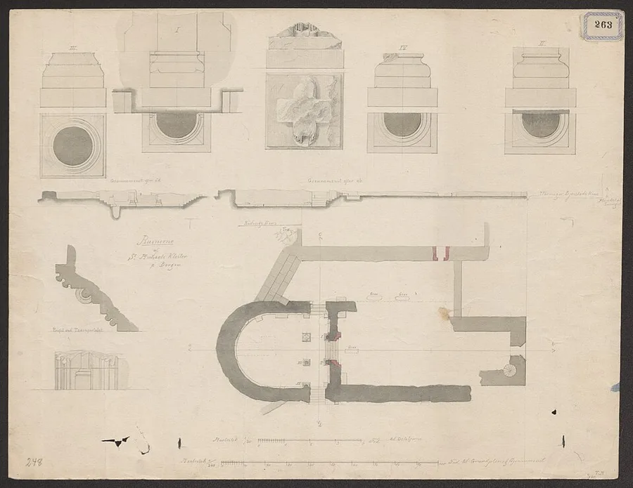 1860 architectural survey drawing in ink and wash of the excavated Munkeliv Abbey ruins in Bergen: a floor plan with an apse, wall cross-sections, and studies of carved capitals and mouldings.
