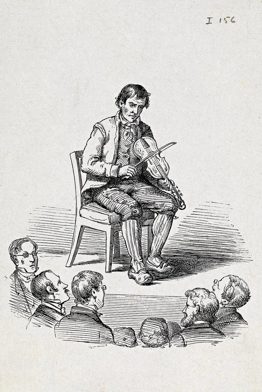 A nineteenth-century drawing of Myllarguten in concert — the Telemark fiddler seated on a plain chair with his hardingfele, a ring of city listeners at his feet.