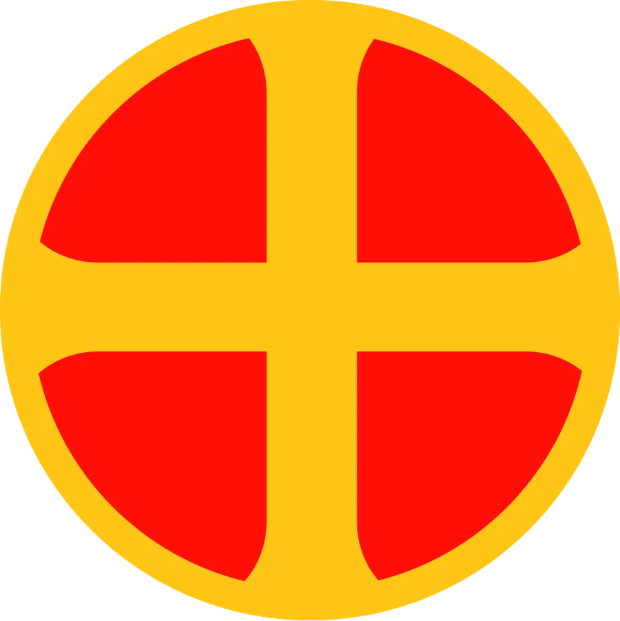 The Nasjonal Samling sun-cross (solkors) emblem: a gold cross with four sunburst-radiating arms on a red circular field.