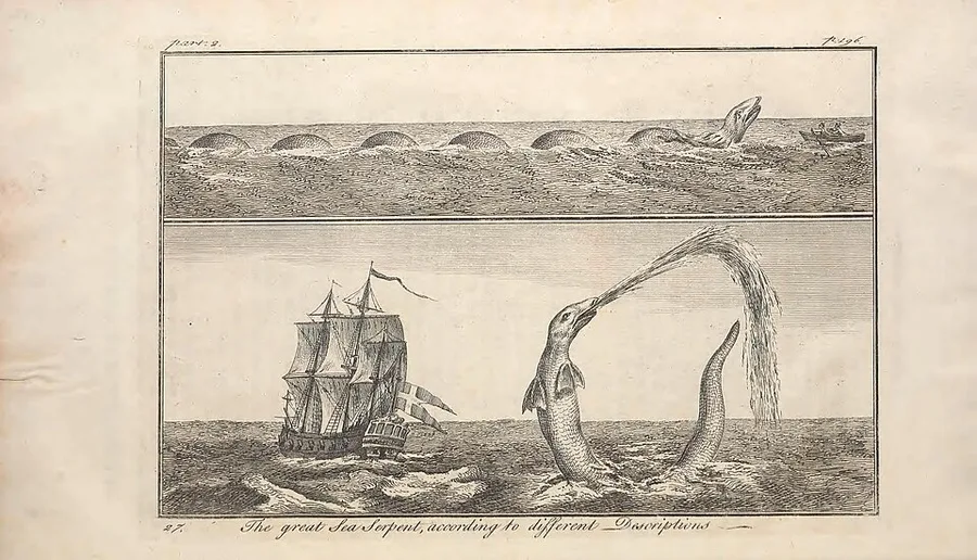 Plate 27 of the 1755 English edition — 'The great Sea Serpent, according to different Descriptions': humped coils passing a rowboat above, a maned serpent spouting beside a sailing ship below.