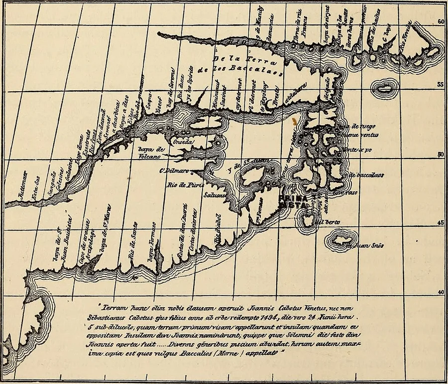 Black-ink facsimile of Sebastian Cabot's 1544 map: a hatched North Atlantic coastline under a latitude grid, labeled 'De la Terra de los Baccalaos' and 'Prima Vista', with an italic Latin legend below crediting the land's discovery to John and Sebastian Cabot.