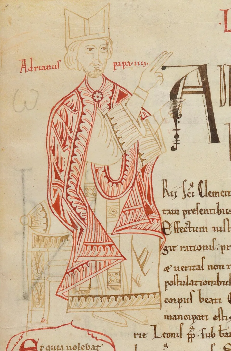 Medieval manuscript miniature labeled "Adrianus papa IV," showing Pope Adrian IV (Nicholas Breakspear) in a bishop's mitre and red-trimmed cope, hand raised in blessing beside a large illuminated initial and surrounding Latin text.