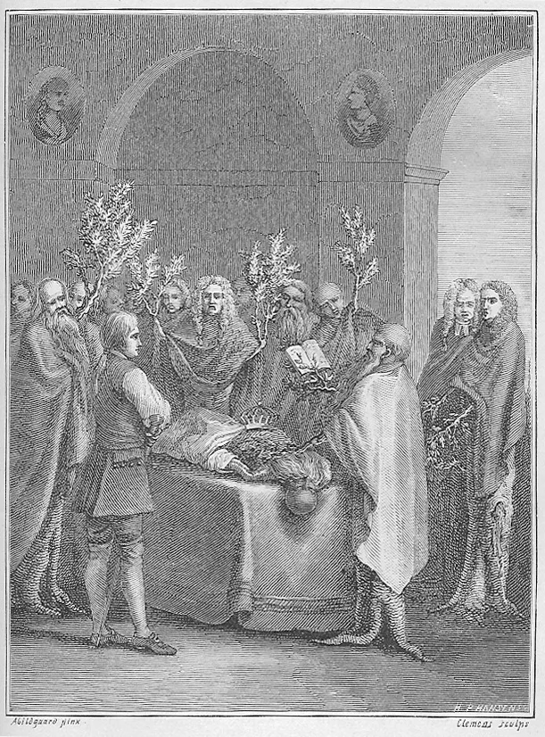 An 18th-century engraving after Abildgaard: young Niels Klim in a short tunic stands before the robed, branch-bearing tree-people of Potu, gathered round a bier in an arcaded hall — a scene from Holberg’s subterranean satire.