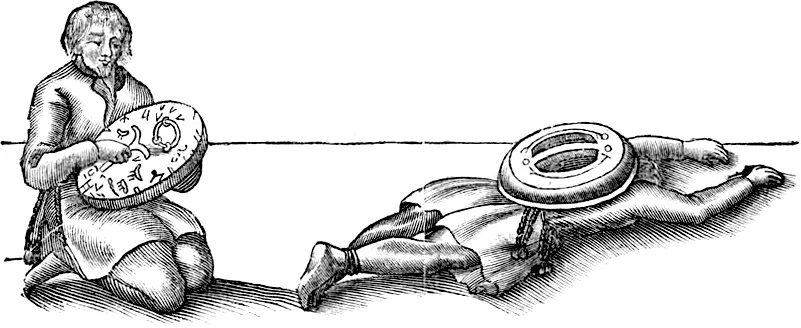 An engraving from Schefferus's Lapponia (1673) — a Sámi noaidi lying in trance, his painted drum resting on his back, while a companion kneels with a second drum.