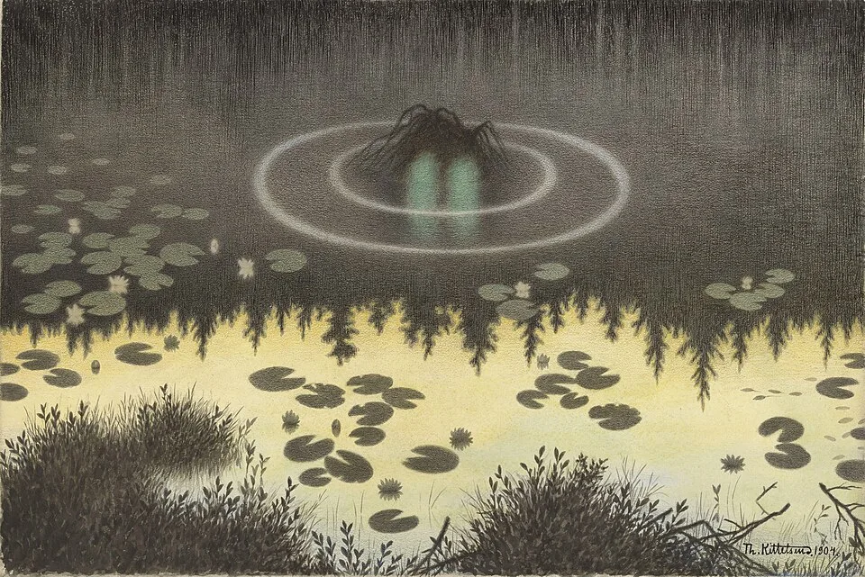 The nøkken's dark tangled head breaks a black forest tarn, two pale eyes glowing inside a ring of ripples among the water lilies.