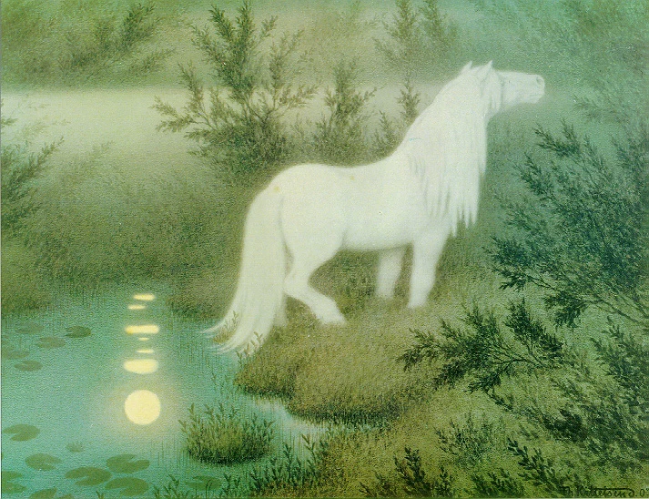 A glowing white horse stands at the marshy edge of a lily-pond, head raised in profile, its long mane and tail luminous against the mossy scrub; a moon-disc and its broken reflections shine in the dark water beside it.