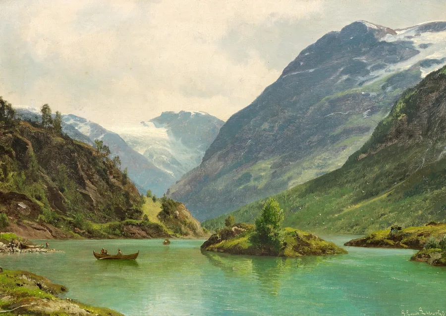 An 1885 oil painting of Lake Loen in Nordfjord under a pale, overcast sky, a small rowboat with two figures on turquoise-green water, steep green mountainsides and distant snow-capped peaks framing the lake.