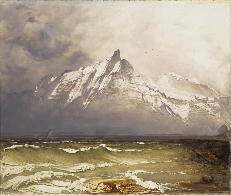 Peder Balke's painting Fra Nordland — a snow-streaked mountain wall with a single sharp horn rising above a dark strip of coast, green breakers rolling ashore in the foreground and a lone sail far out on the water.