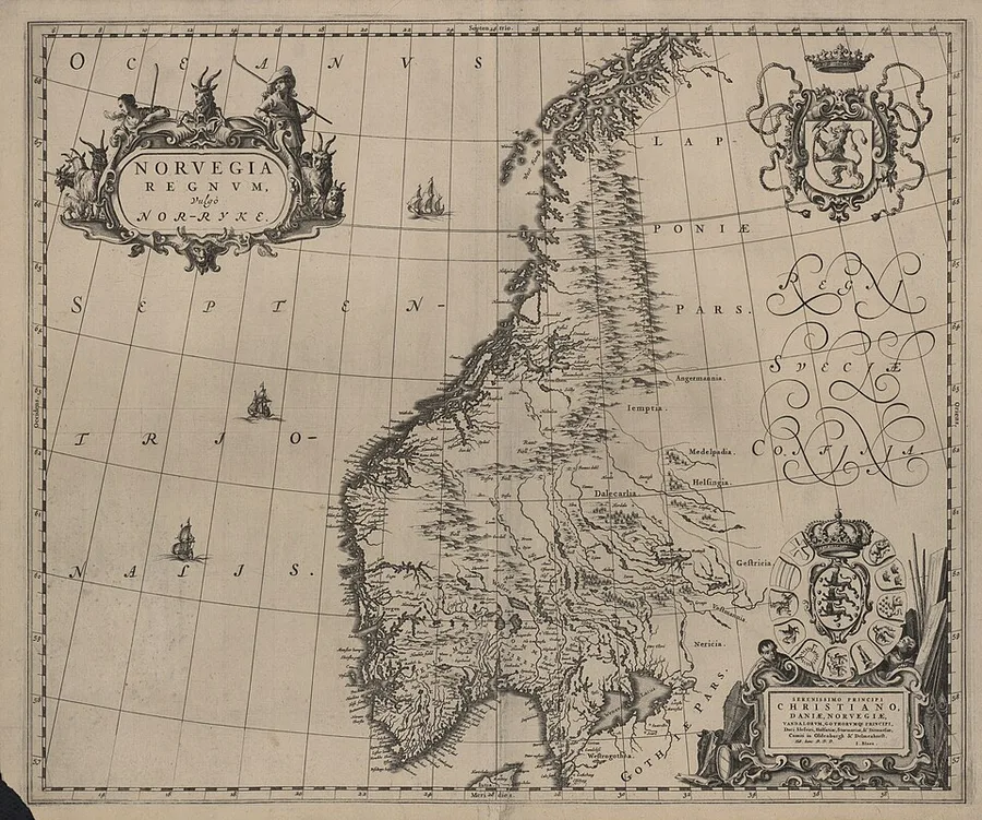 Joan Blaeu's seventeenth-century map Norvegia Regnum — the sea-road kingdom drawn along its whole fjord-cut coast, ships working the ocean margin, the royal lion arms in the corner.