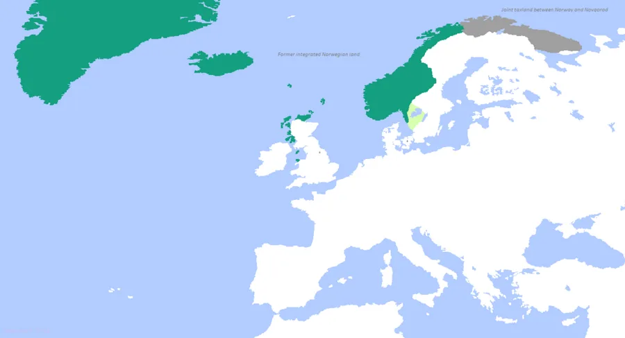 Modern map of medieval Norway's realm in green — mainland Norway, Iceland, the Faroes, Shetland, Orkney, and the Hebrides — with a gray joint-taxland region in the northeast.