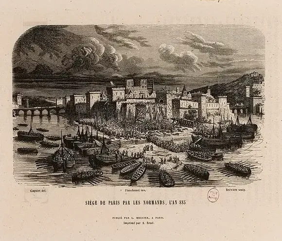 A 19th-century engraving, ‘Siège de Paris par les Normands, l’an 885’: Norse ships crowded on the Seine before a fortified medieval Paris, warriors massed on the riverbank, a bridge under a stormy sky, a round Ville de Paris archive stamp beside the caption.