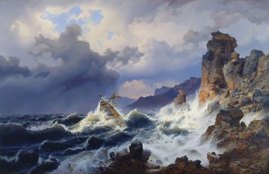 Andreas Achenbach's 1837 painting of a storm on the North Sea off the Norwegian coast — a dismasted ship heeling in heavy seas beneath storm clouds, breakers exploding against a rocky headland.