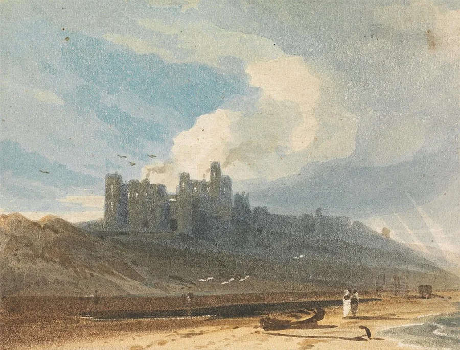 Watercolour of Bamburgh Castle: the ruined multi-towered keep crowning its dark coastal crag under a tall cloudy sky, with figures, a beached boat and an anchor on the pale sands below, and the sea at the right.