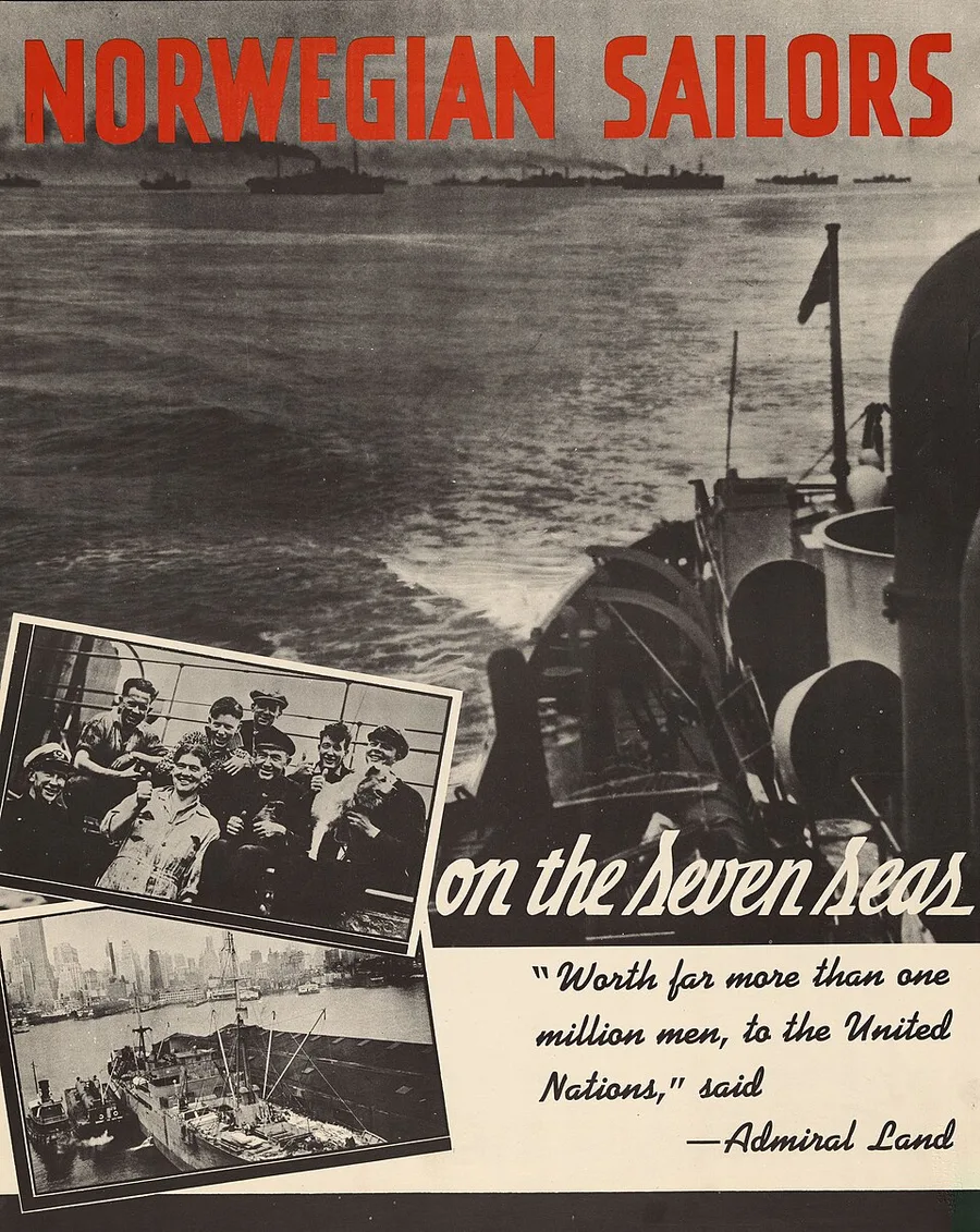 Wartime poster headlined 'Norwegian Sailors on the Seven Seas', showing a ship's wake, a snapshot of smiling sailors, a merchant vessel in harbor, and a quoted tribute from Admiral Land.