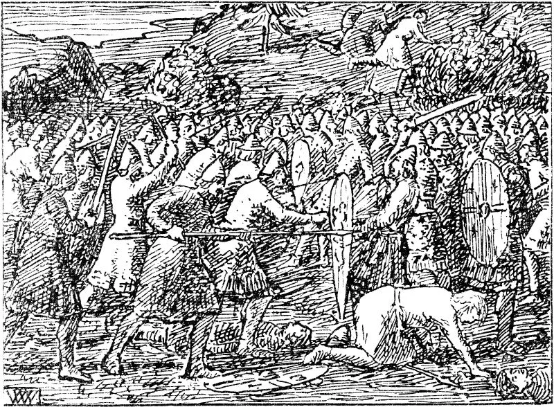 Black-and-white illustration of armored men clashing with spears and swords at close quarters, shields raised, a fallen fighter and a riderless horse on the ground before them.