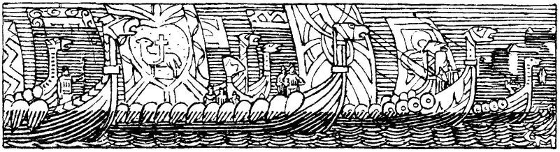 Wide black-and-white frieze illustration of Viking longships under sail, carved prow figureheads, shields, and rigging shown in a decorative Art Nouveau saga-illustration style.