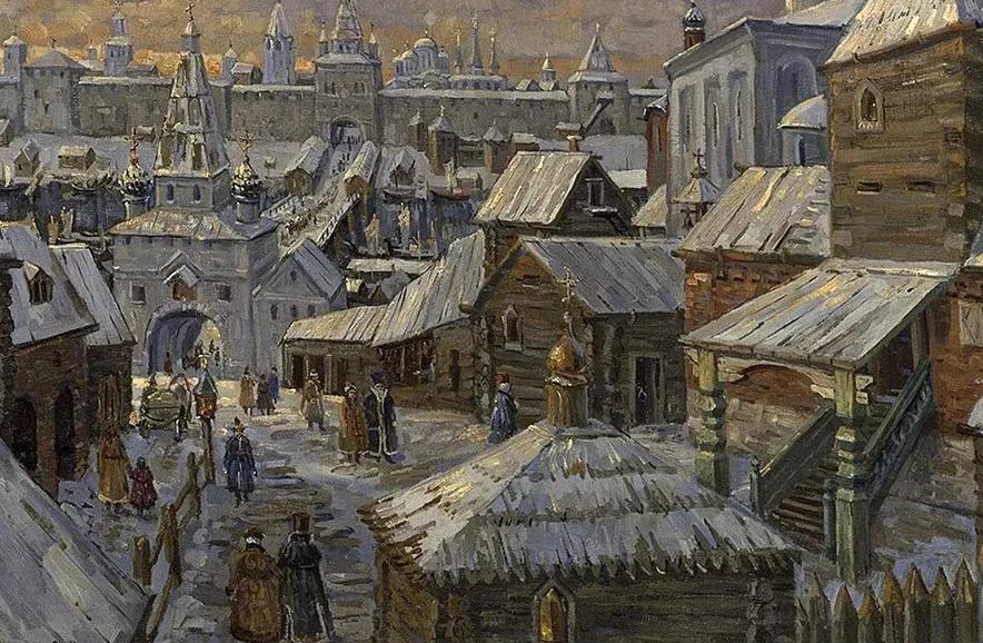 Vasnetsov's painting of a medieval wooden town in winter: snow-dusted shingle roofs, log churches and a stone gate-tower crowd a street of small figures in long coats and fur hats, with the white walls, towers and onion domes of the inner city beyond under an amber sky.