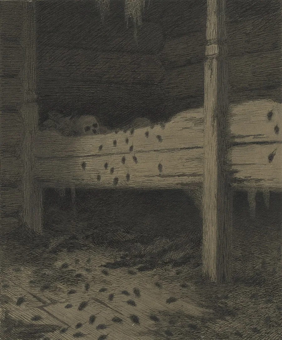 Kittelsen's Musstad from the Svartedauen cycle — inside a plague-emptied farmhouse, mice swarming over the abandoned bed and across the floorboards.