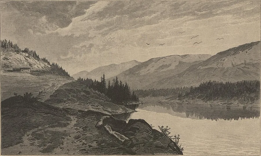 Ludvig Skramstad's drawing of upper Setesdal at Ose: a lone log farm building on an open hillside above a still lake, dark spruce forest and bare ridges beyond, birds circling under a heavy sky.