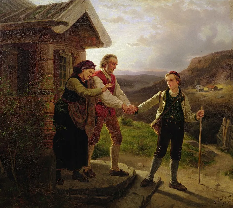 Tidemand's 1867 painting 'Den yngste sønnen farvel': an elderly couple at their timbered farmhouse door clasp hands with a young man carrying a walking stick and satchel, mountains and a distant church visible behind them.