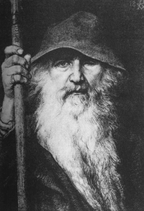 Georg von Rosen's 1886 Odin the Wanderer — the god as a grey-bearded wayfarer in a broad hat and dark cloak, gripping his staff and gazing out from the shadow.