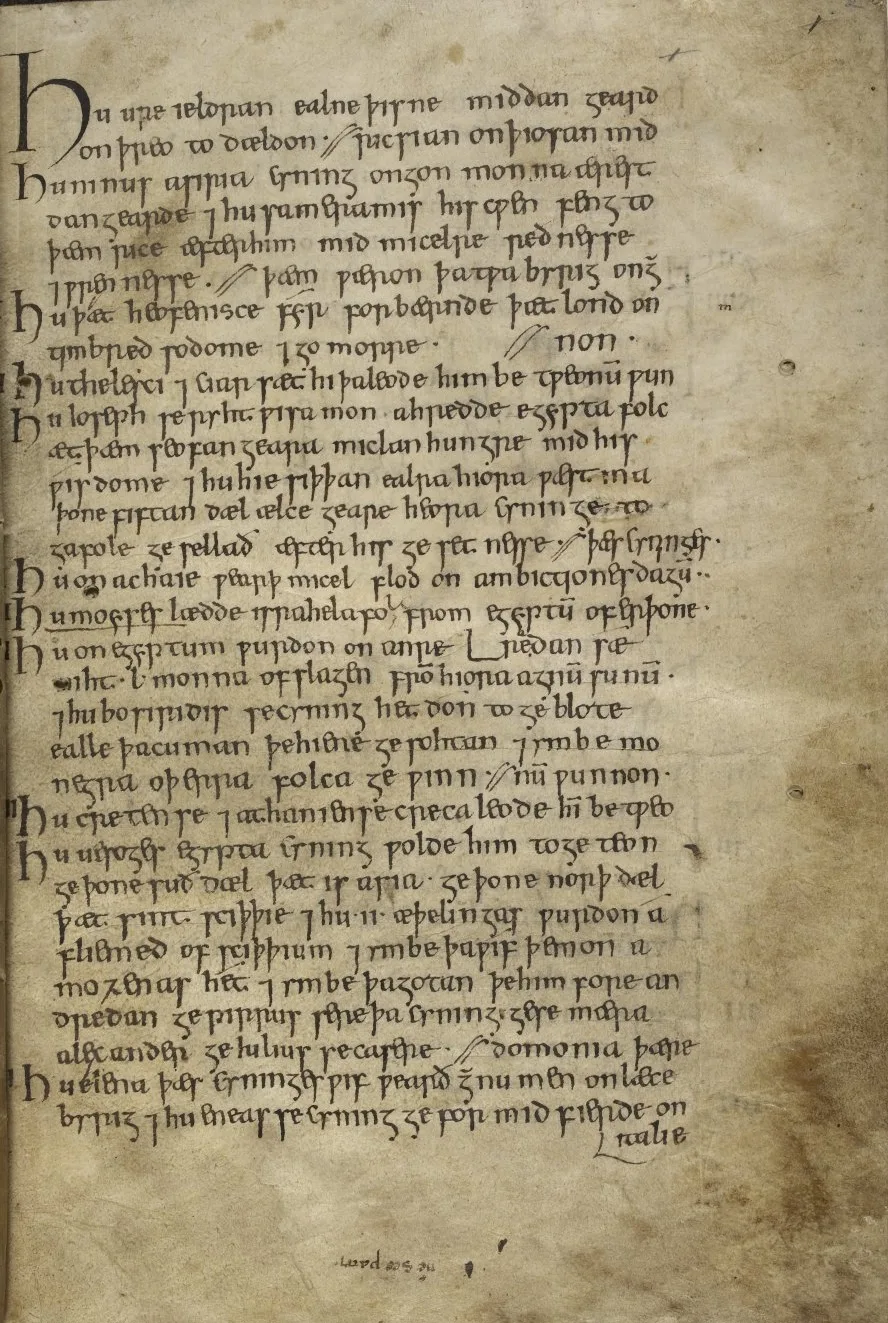 A page of the Tollemache Orosius (c. 900), the Old English manuscript from Alfred's Wessex that preserves Ohthere's account — ruled lines of Anglo-Saxon minuscule with a great opening initial.