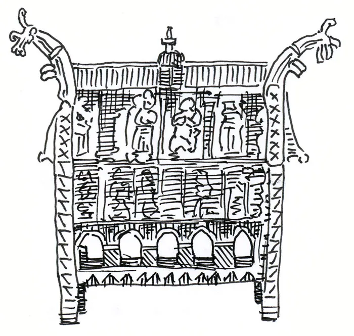 Simple line-drawing reconstruction of Olav's presumed reliquary shrine: a rectangular casket with a peaked, house-shaped lid, curling dragon-head finials at the corners, and rows of carved figures and blind arcading.