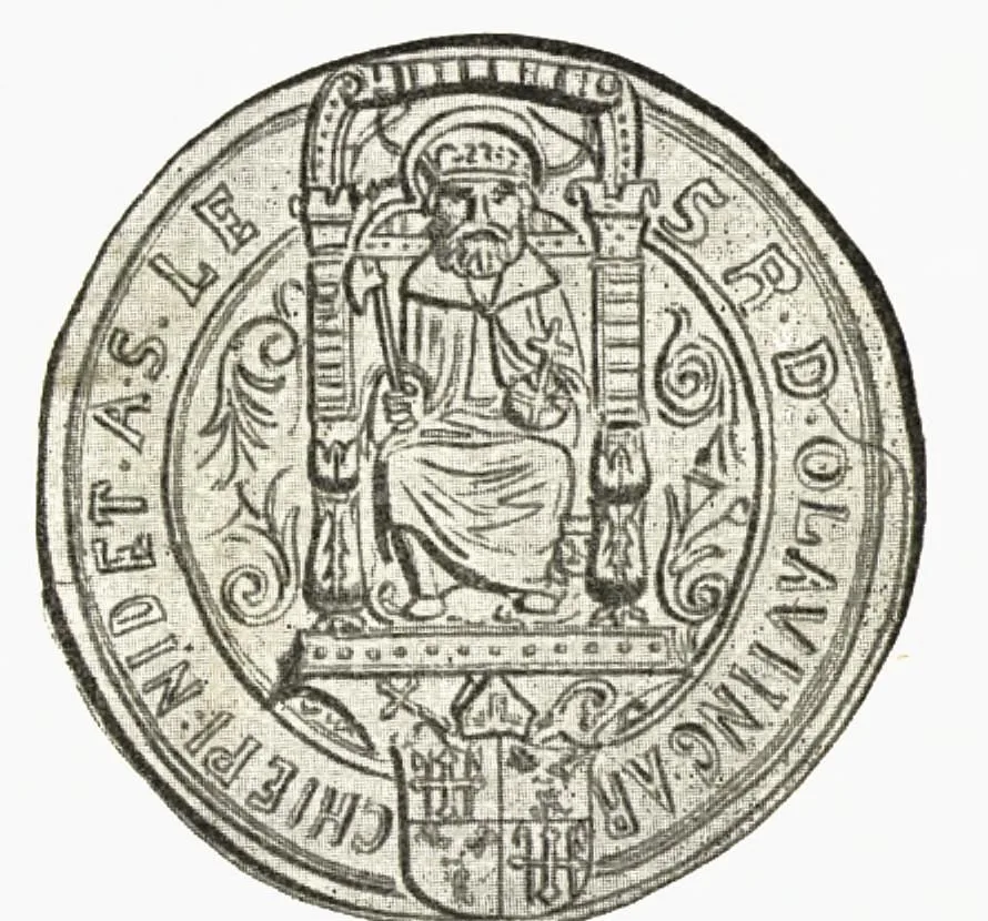 Round archiepiscopal seal in a black-and-white book reproduction: Saint Olav enthroned between two slender columns, axe in his right hand and orb in his left, a shield of arms beneath a mitre at the base, and a Latin legend around the border.