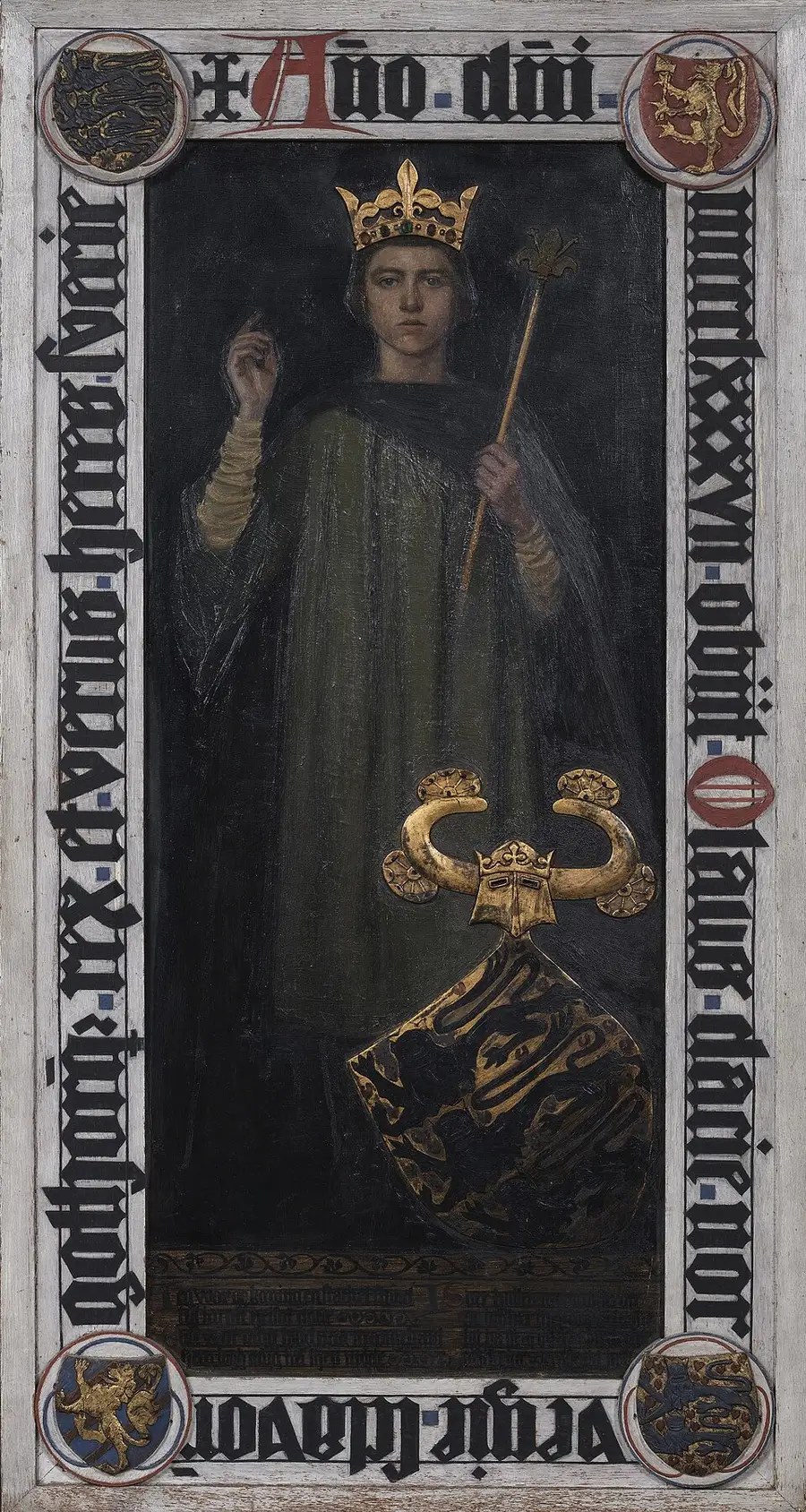 National Romantic painting of the fair-haired boy king Olav IV standing crowned in a dark robe holding a fleur-de-lis sceptre, a horned-helmet crest and shield beside him, framed by a heraldic border of shields and Latin inscription.