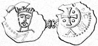 Soft lithographed drawing of both faces of a small, irregular silver quarter-penny: a crude crowned frontal face on one side; a cross with pellets, a crescent and traces of lettering on the other — the legend Schive read as ending '…LAV', King Olav's name.
