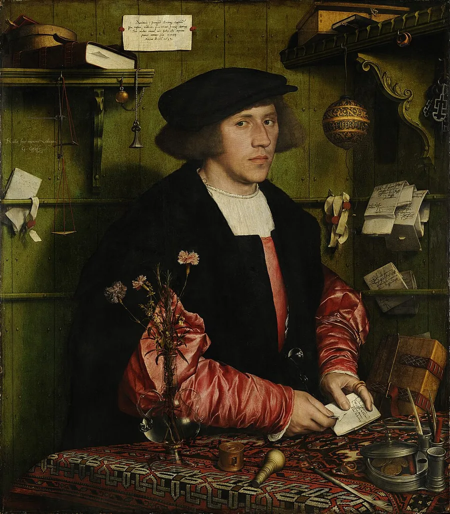 Oil portrait of a young Hanseatic merchant, Georg Gisze, seated at his writing desk surrounded by ledgers, scales, seals, correspondence, and cut flowers, by Hans Holbein the Younger.